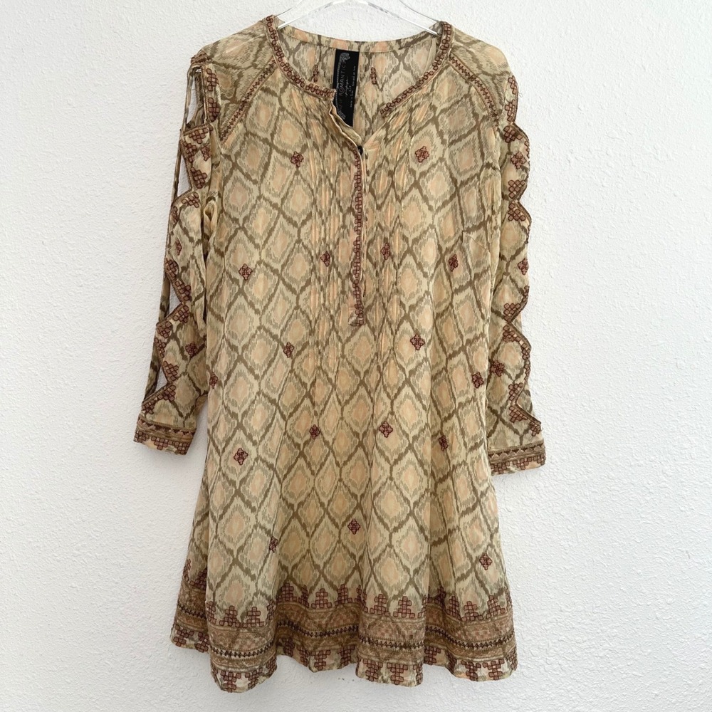 Free People New Romantics Tunic Dress Womens Small Tan Embroidered Festival Boho